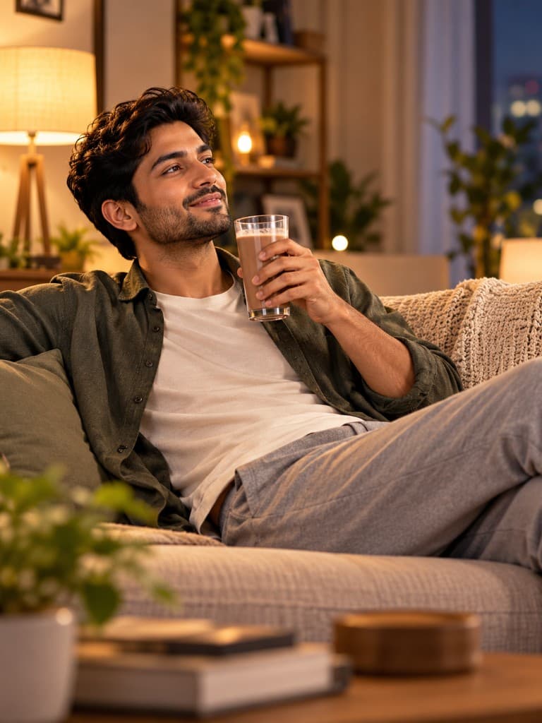 A professional relaxing at home with a glass of QwikEat after a delayed meal