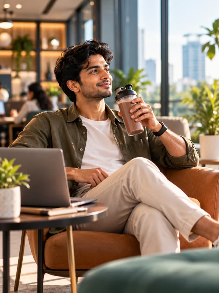 A professional at the office with a laptop, drinking QwikEat from a shaker between meetings