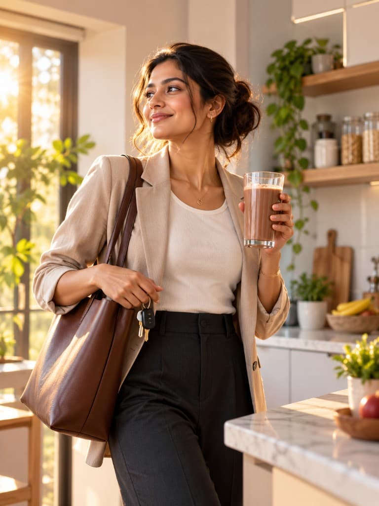 A professional in her kitchen holding a glass of QwikEat, ready to leave for work