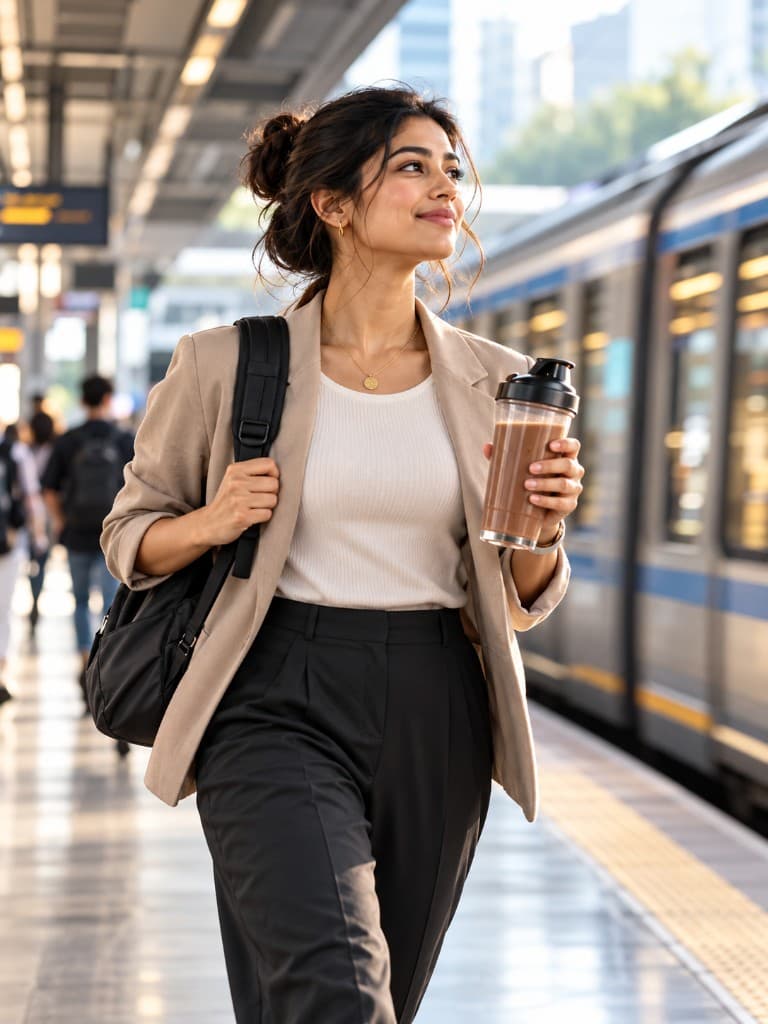 A professional walking through a train station with a QwikEat shaker
