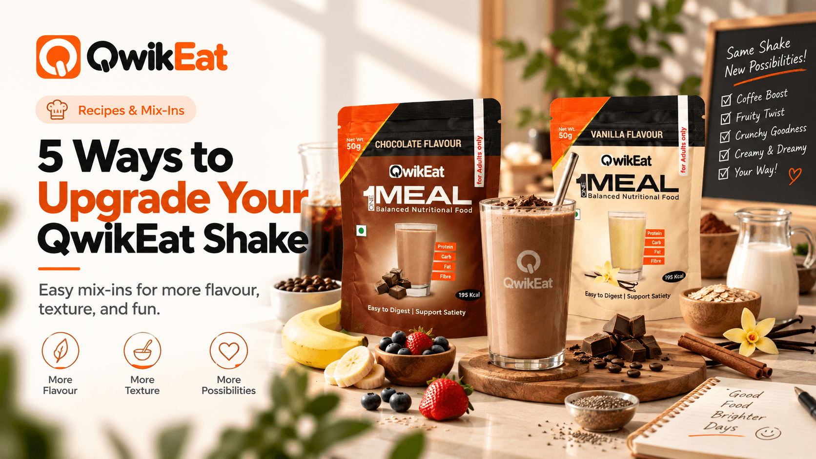A QwikEat shake surrounded by mix-in ingredients like berries, banana, cold brew and cinnamon