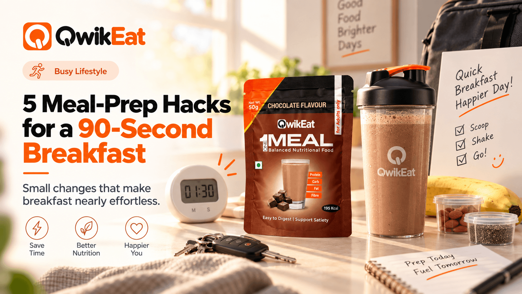 A QwikEat shaker bottle, keys and a timer set to 1:30 on a kitchen counter with a prep checklist