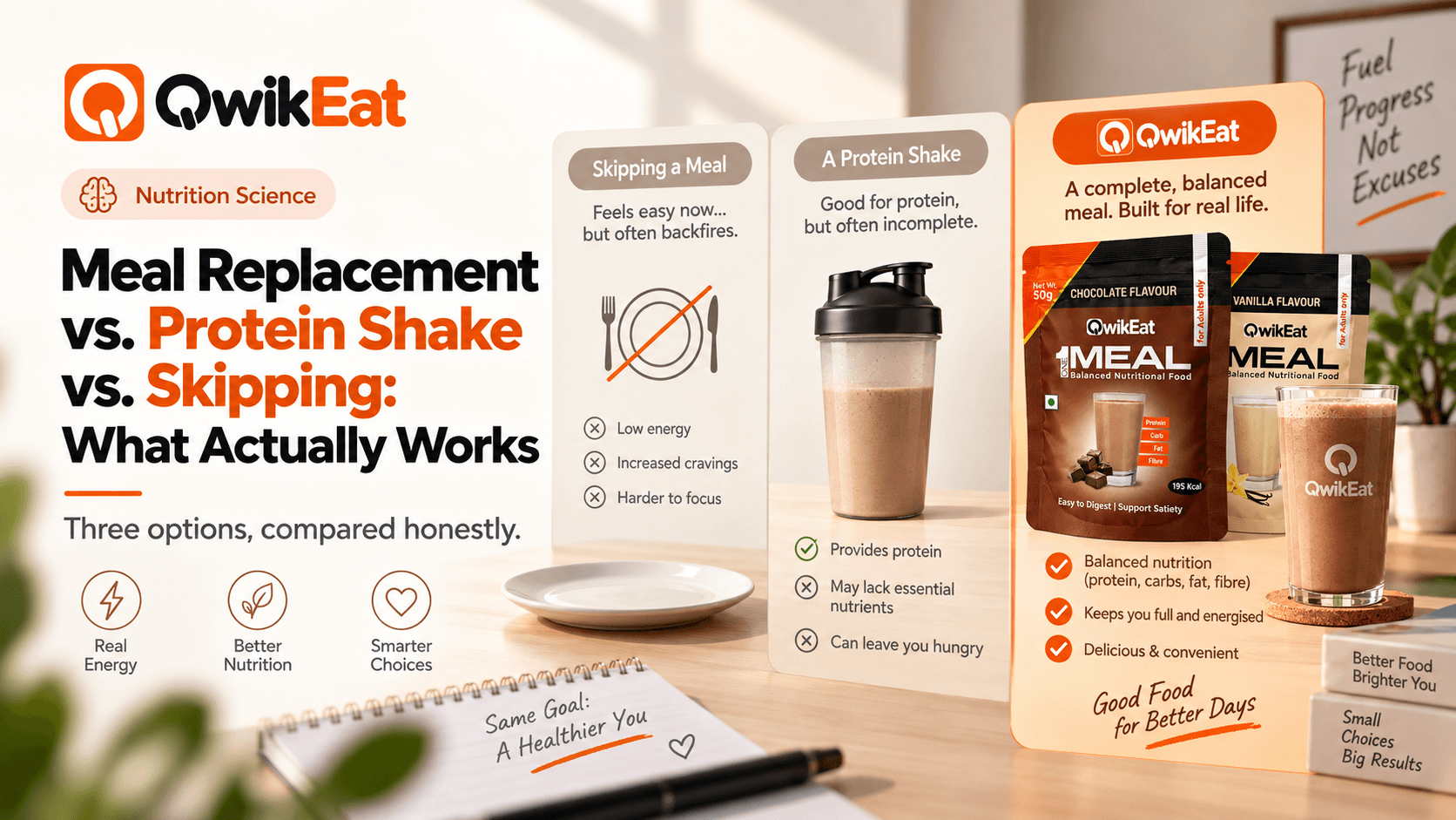 A side-by-side comparison of skipping a meal, a protein shake, and a QwikEat meal replacement