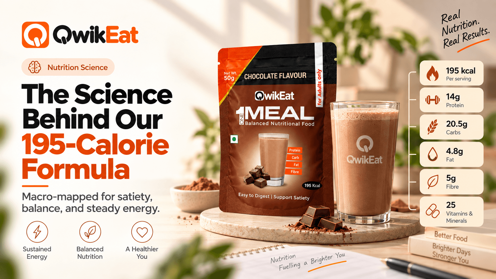 A QwikEat chocolate shake with a nutrition breakdown of protein, carbs, fat and fibre per serving