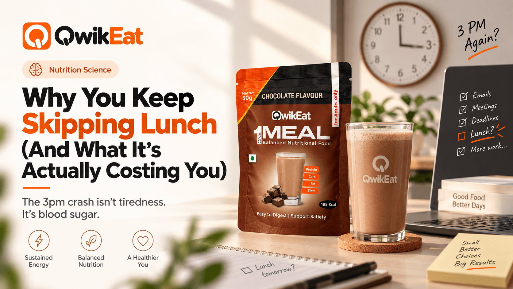 A QwikEat chocolate shake on a desk beside a wall clock reading 3pm and a to-do list with 'Lunch?' circled