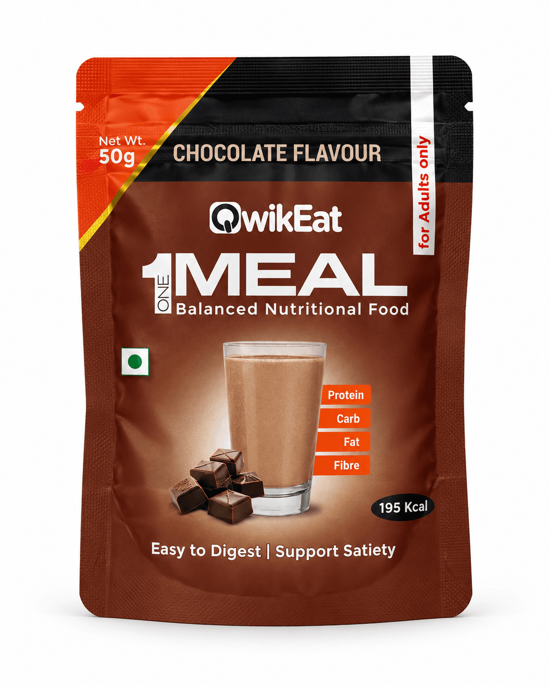 QwikEat 1 Meal Chocolate Flavour pouch with a chocolate shake and cacao pieces
