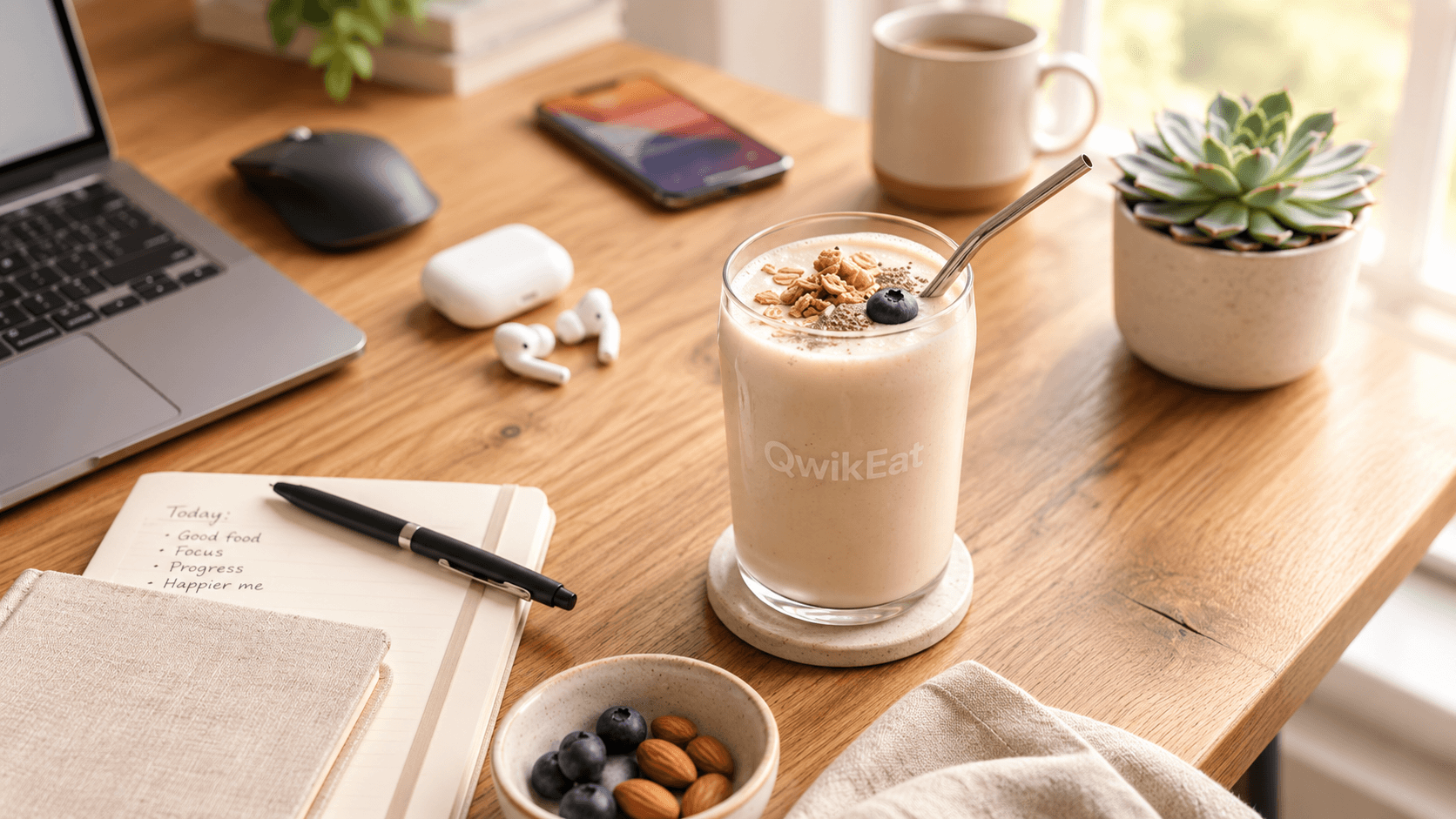 A QwikEat shake on a wooden desk beside a laptop, notebook and berries, styled for a busy workday