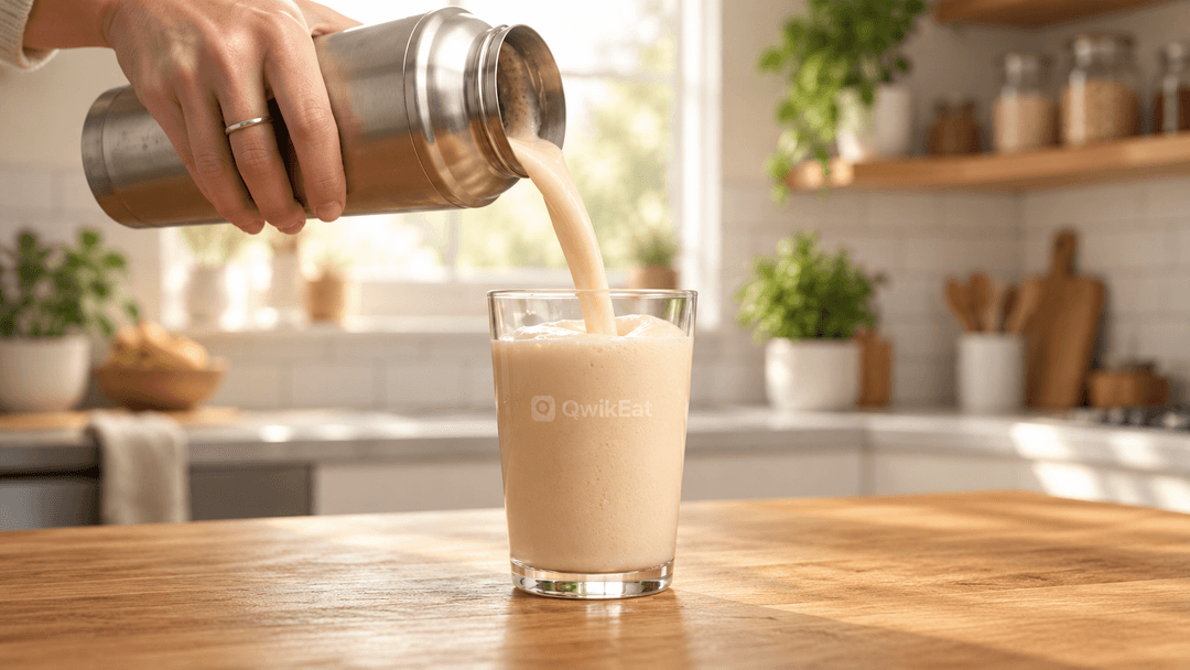 A creamy QwikEat shake being poured into a glass in a modern kitchen