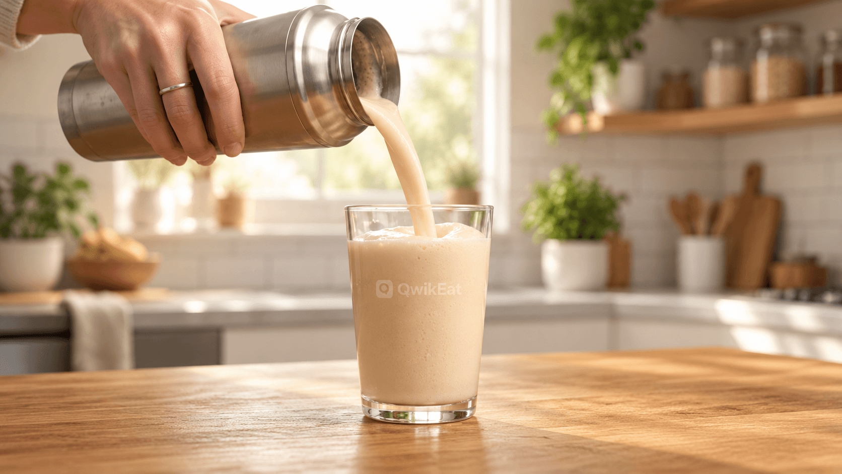 A creamy QwikEat shake being poured into a glass in a modern kitchen