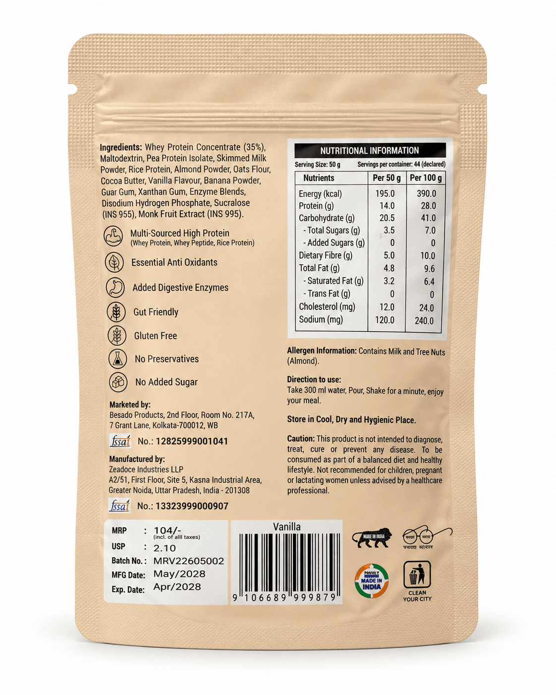 QwikEat Vanilla Flavour nutrition facts and ingredients label
