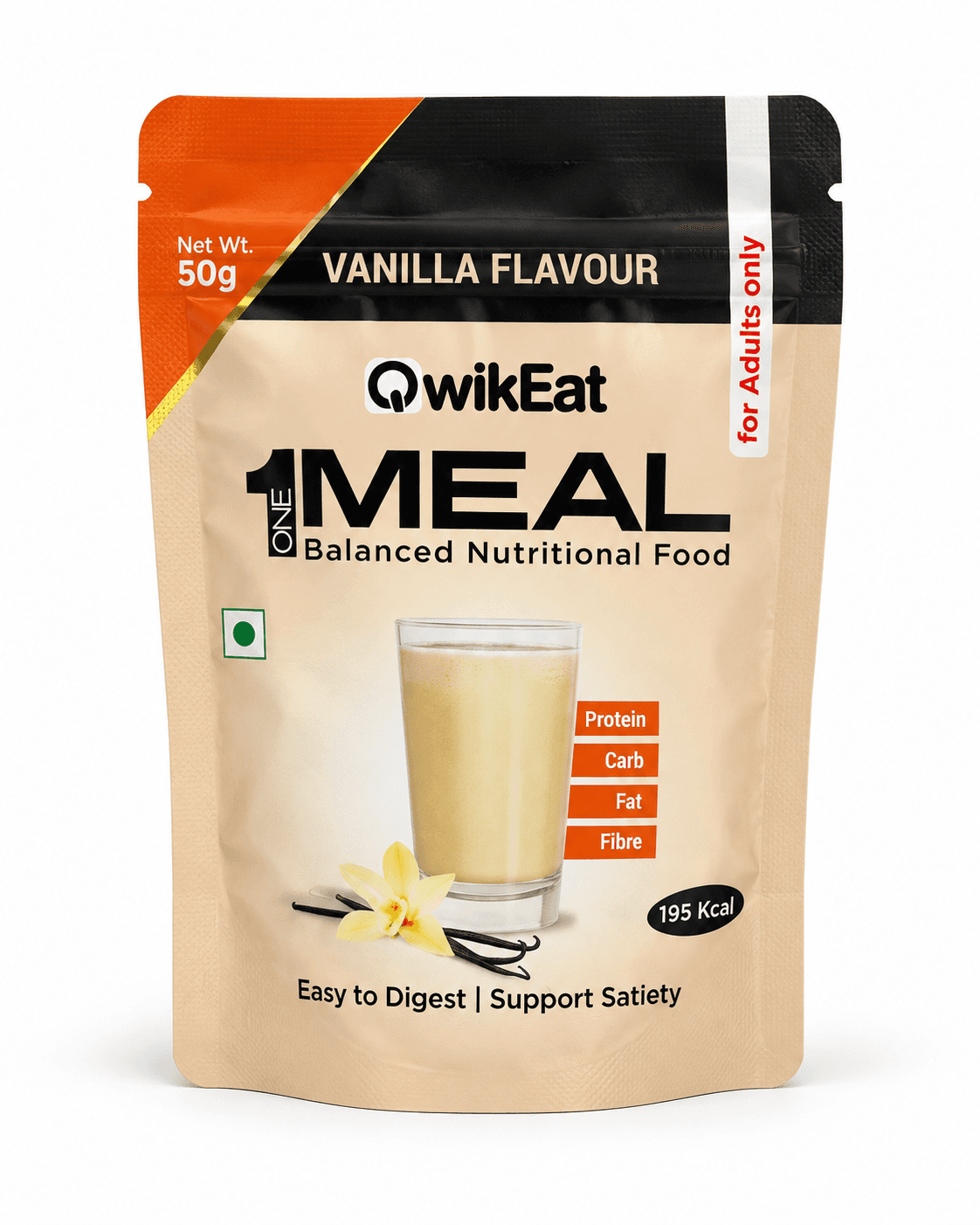 QwikEat 1 Meal Vanilla Flavour pouch with a vanilla shake and vanilla pods
